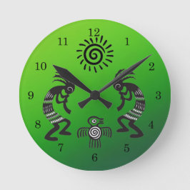 Kokopelli med inhemsk Sol och inhemsk fågelsymbol Rund Klocka