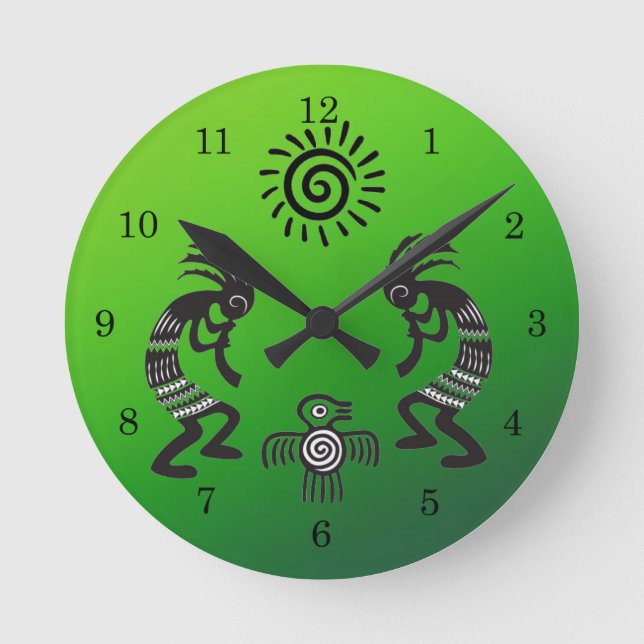 Kokopelli med inhemsk Sol och inhemsk fågelsymbol Rund Klocka (Framsida)