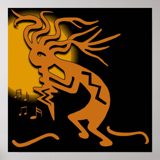 Kokopelli Merrymaker Musician med Måne Poster (Framsidan)