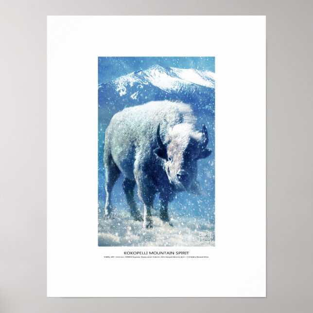 Kokopelli Mountain Spirit, vit buffel i snö Poster (Framsidan)