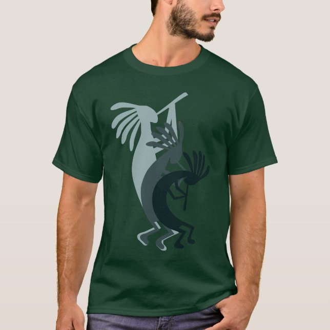Kokopelli Music kommer ner Grönt Shirt Tee Shirt (Framsida)