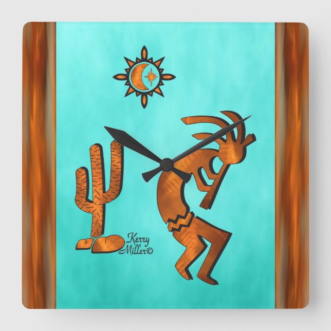Kokopelli och Cactus Fyrkantig Klocka (Framsida)