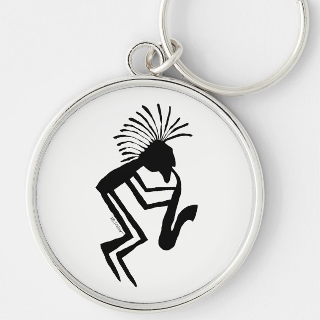 Kokopelli Saxaphone spelarePetroglyph Rund Silverfärgad Nyckelring (Framsidan)