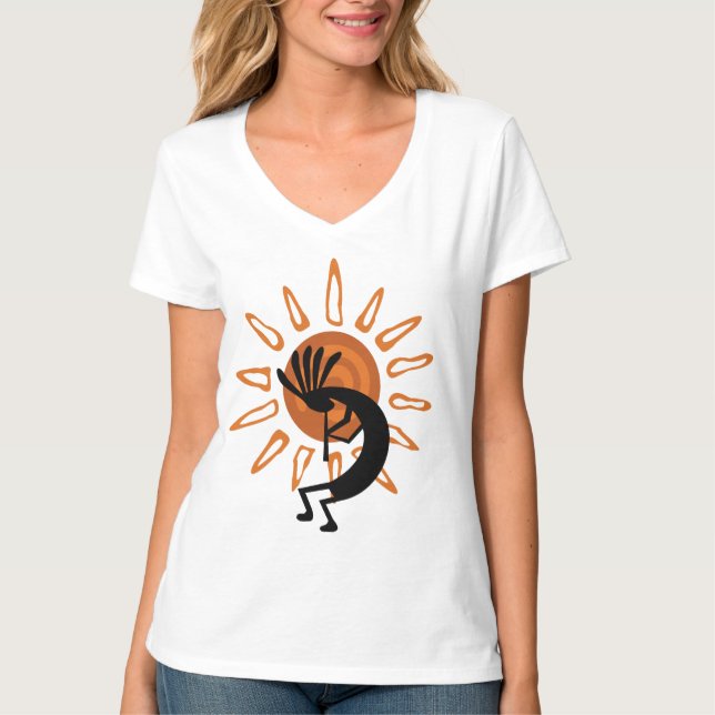 Kokopelli Sol Dam V-nacke T-shirt (Framsida)