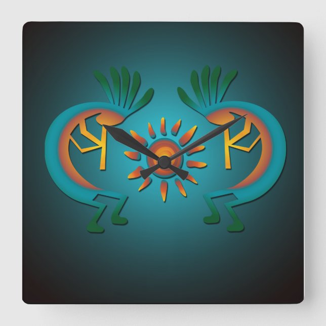 Kokopelli Sol Southwest Clock Fyrkantig Klocka (Framsida)