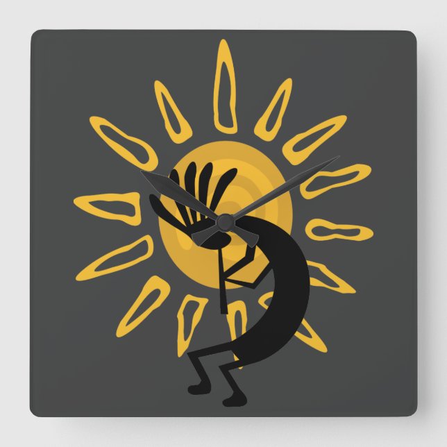 Kokopelli Sol Southwest Guld Clock Fyrkantig Klocka (Framsida)