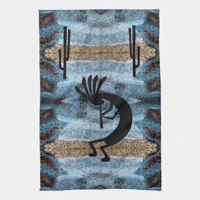 Kokopelli Southwest Desert Blue 2 Mosaic Kökshandduk (Vertikal)