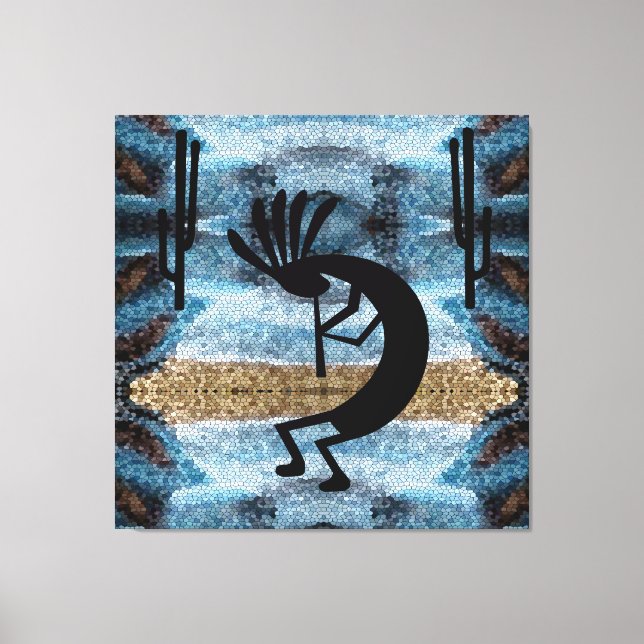 Kokopelli Southwest Desert Mosaic Blue 40 x 40 Canvastryck (Framsida)