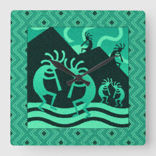 Kokopelli Southwest Turcos and Black Fyrkantig Klocka