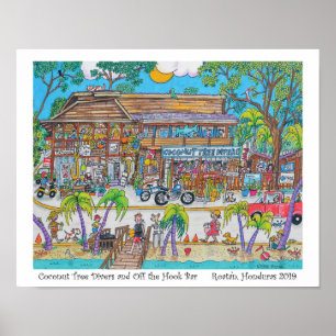 Kokosnötfloderna Träd och utanför Krok Pub, Roatan Poster