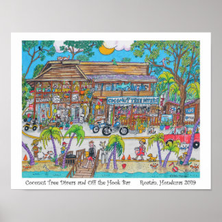 Kokosnötfloderna Träd och utanför Krok Pub, Roatan Poster