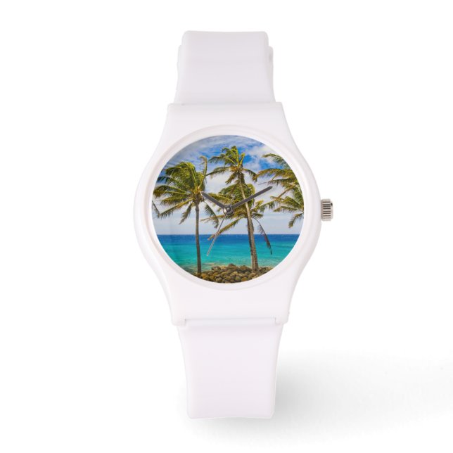 Kokospalmer (Cocos nucifera) som svajar i Armbandsur (Framsida)