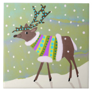 Köksbricka för Cute Winter Reindeer Kakelplatta