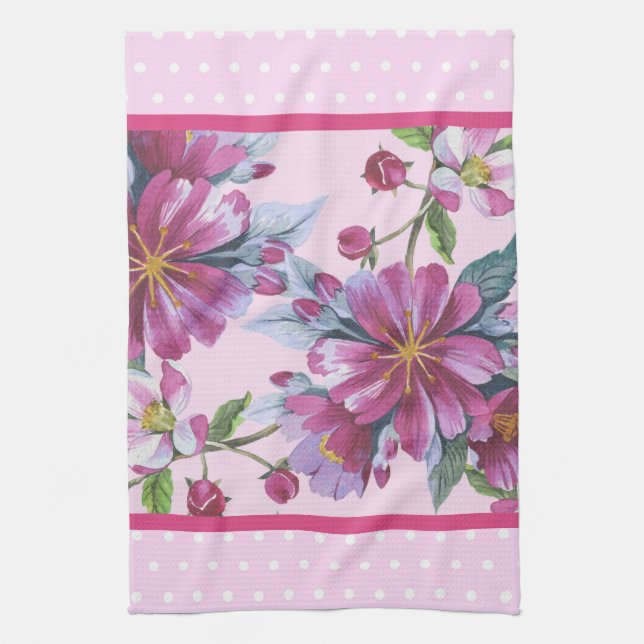 Köksduk med äppelblom och rosa prickar kökshandduk (Vertikal)