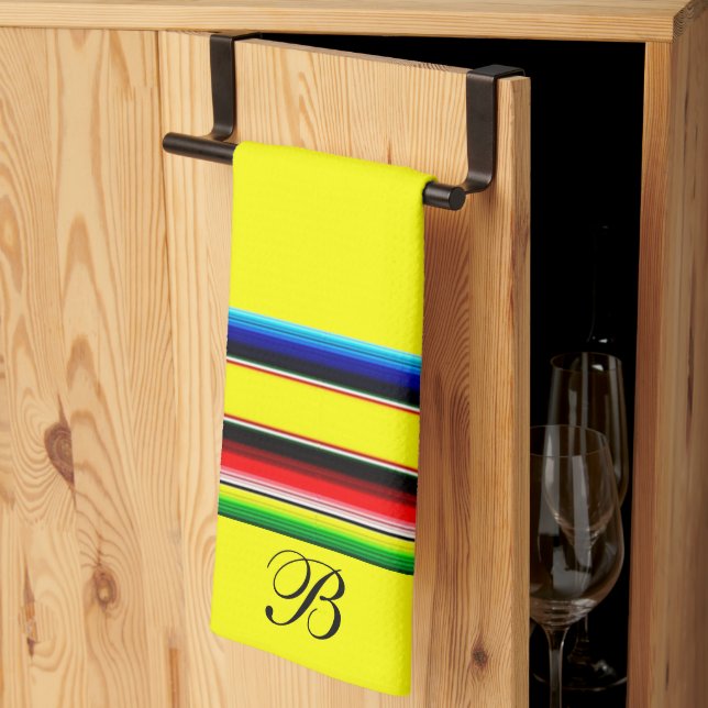 Kökshandduk av typen Bright serape rand monogram (Thirds Fold)