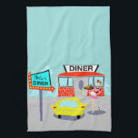 Kökshandduk för anpassade50-talmiddag<br><div class="desc">Tjäna som upp något som är speciell med denna kökshandduk för anpassade50-talmiddagen. Tecknadteckningdesignen presenterar en röd tegelstenbyggnad med blåttfönster, dubbla dörrar för grått, och en vit undertecknar att något att säga, "middagen" perched på tak. I parkeringsplatsen undertecknar en understödja är på en pol. Underteckna har en turkosbakgrund och blinkande rött...</div>