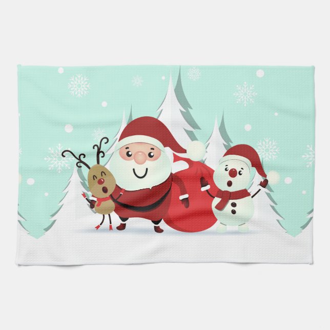 Kökshandduk för Santa, Reindeer & Snögubbe (Horisontell)