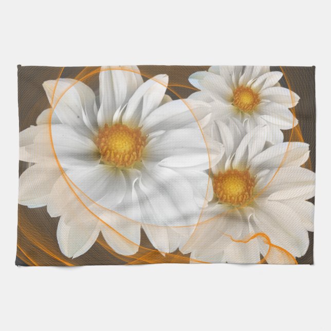 Kökskorn Blommor White Black Orange Kökshandduk (Horisontell)