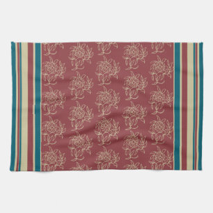 Kökskorn eller Tea Towel, Maroon, Blue Blommigt Kökshandduk