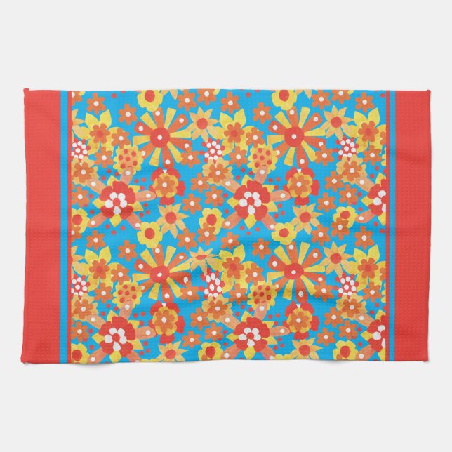 Kökskorn eller Tea Towel, Orange Ditsy Blommigt Kökshandduk (Horisontell)
