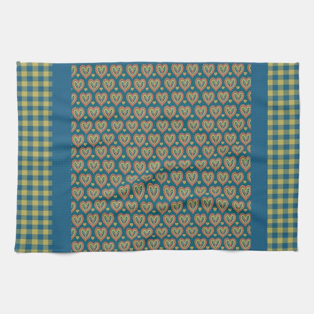 Kökskorn, hjärter och Check Gingham Mönster Kökshandduk (Horisontell)