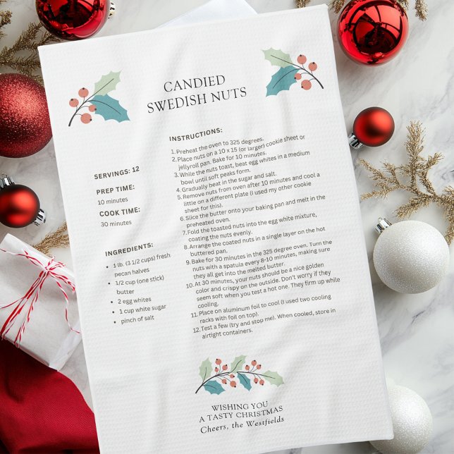 Kökslätt i Nöt, kanaliserat Svenska Helgdag Kökshandduk (Wishing You a Tasty Christmas Candied Swedish Nuts Holiday Recipe Kitchen Towel)