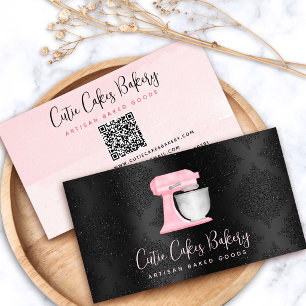 Köksmixare i rosa nyans med QR-kod på svart bageri Visitkort