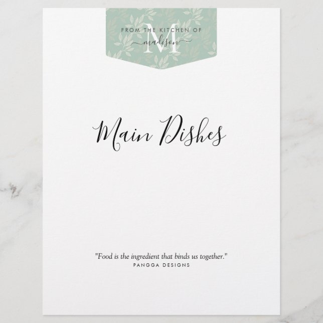 Köksmonogram Blommigt Teal Grönt Recipe Divider (Framsida)