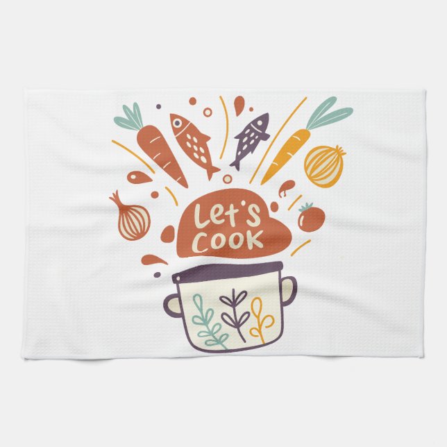 Köksscen med texten "Let's Cook" - Kökshandduk (Horisontell)