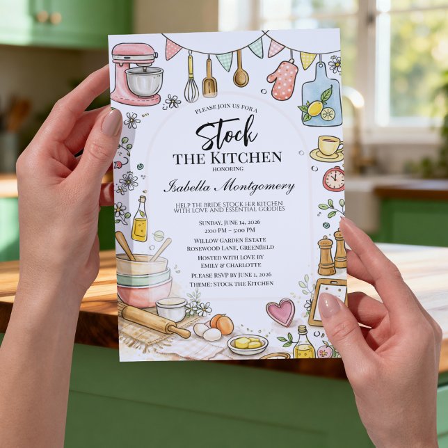 Kökstematisk Bröllopsdusch för att Fylla Köket Inbjudningar (Illustrative Kitchen Themed Stock The Kitchen Bridal Shower Invitation)