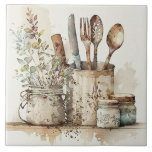 Köksutensils Rustik Watercolor Ceramic Tile Kakelplatta<br><div class="desc">Rustic farmhouse land vattenfärgsredskap användes för att skapa denna perfekt keramiska bricka. Blanda och matcha med andra plattor för att skapa ditt eget anpassade utseende.</div>