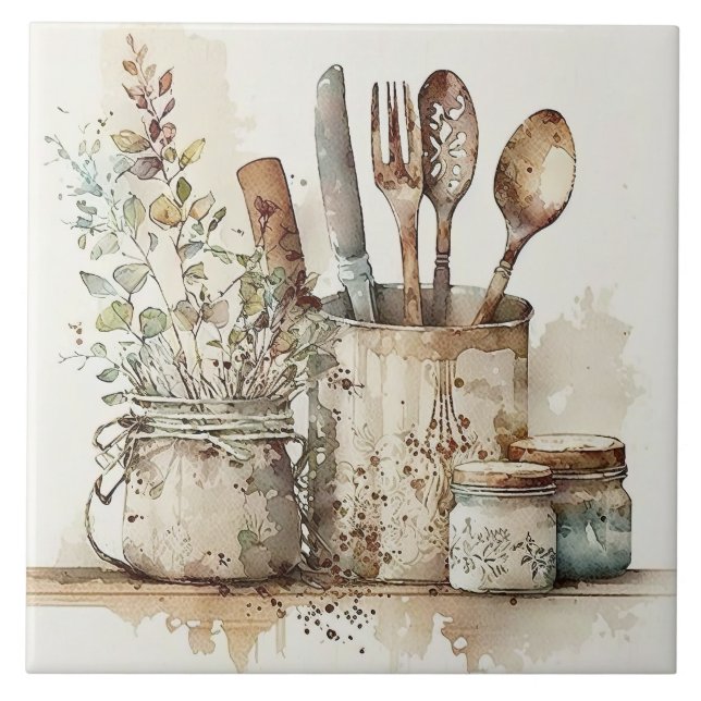 Köksutensils Rustik Watercolor Ceramic Tile Kakelplatta (Framsidan)