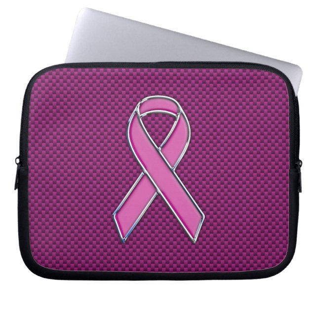 Kolfiberfiber i Chrome Stil Rosa Ribbon Awareness  Laptop Sleeve (Framsidan)