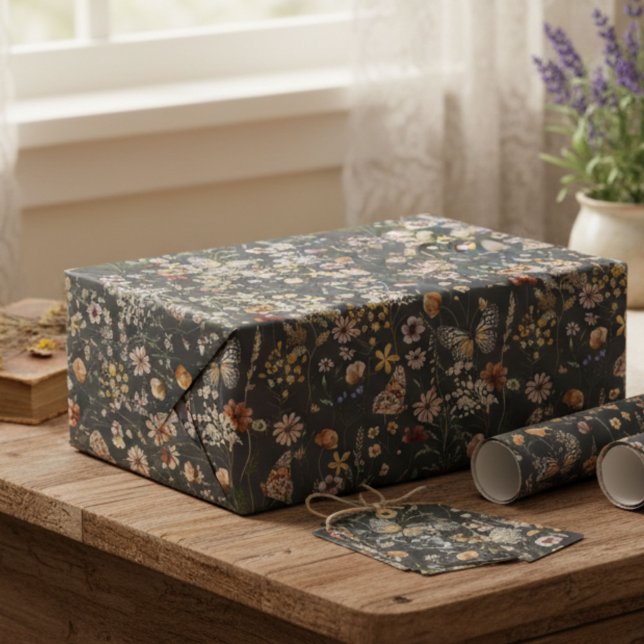 Kolgrå Boho Akvarell Vilda Blommor Presentpapper (Skapare uppladdad)
