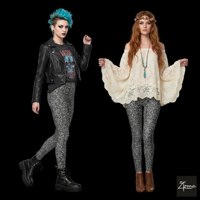 Kolgrå Damast Monokrom Blommig Gobeläng Leggings (Skapare uppladdad)