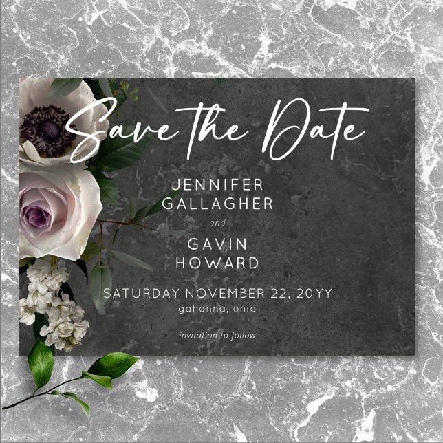 Kolgrå Elegant Blommig Modern Bröllop Spara Datumet (Charcoal Gray Elegant Floral Modern Wedding Save The Date)