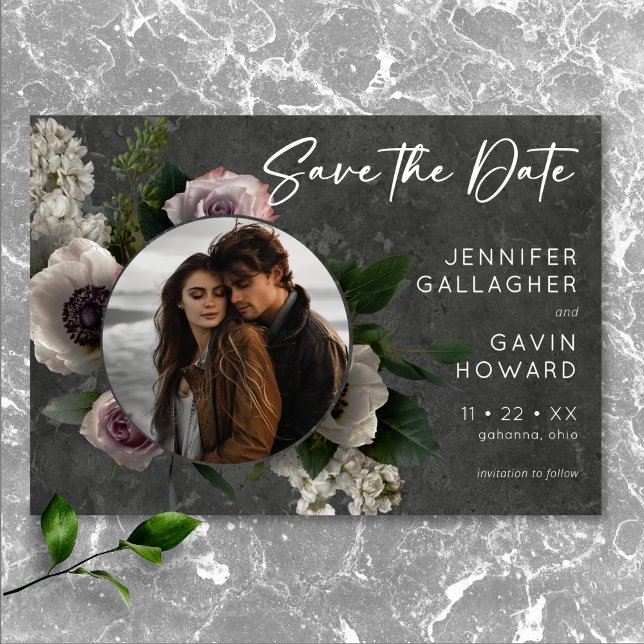 Kolgrå Elegant Blommig Modern Bröllopsfoto Spara Datumet (Charcoal Gray Elegant Floral Modern Wedding Photo Save The Date)