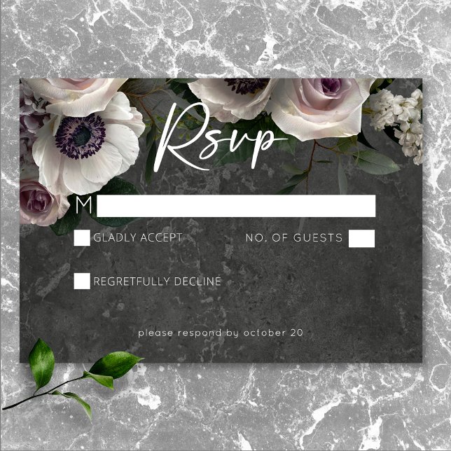 Kolgrå Elegant Blommig Modern Bröllopsköld OSA Kort (Charcoal Gray Elegant Floral Modern Wedding RSVP Card)
