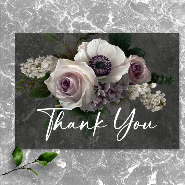 Kolgrå Elegant Blommig Modern Bröllopskort Tack Kort (Charcoal Gray Elegant Floral Modern Wedding Thank You Card)