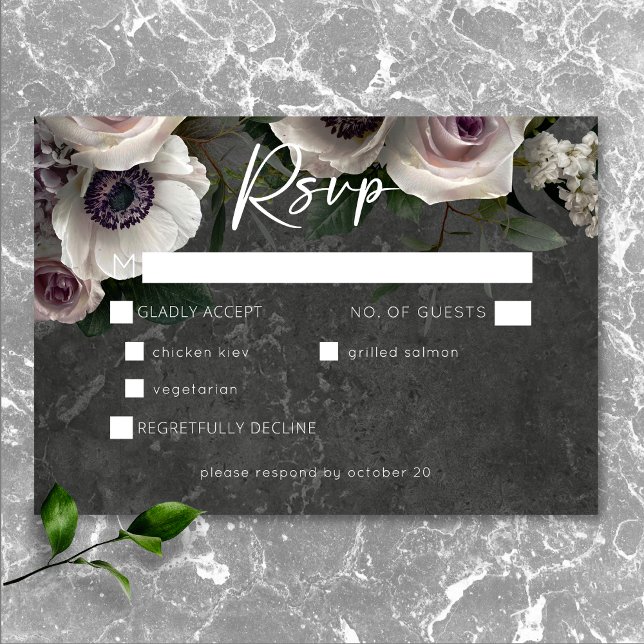 Kolgrå Elegant Blommig Modern Bröllopsmiddag OSA Kort (Charcoal Gray Elegant Floral Modern Wedding RSVP Card)