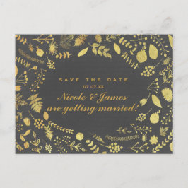 Kolgrå & Guld Blommig Save The Date Postkort Meddelande Vykort