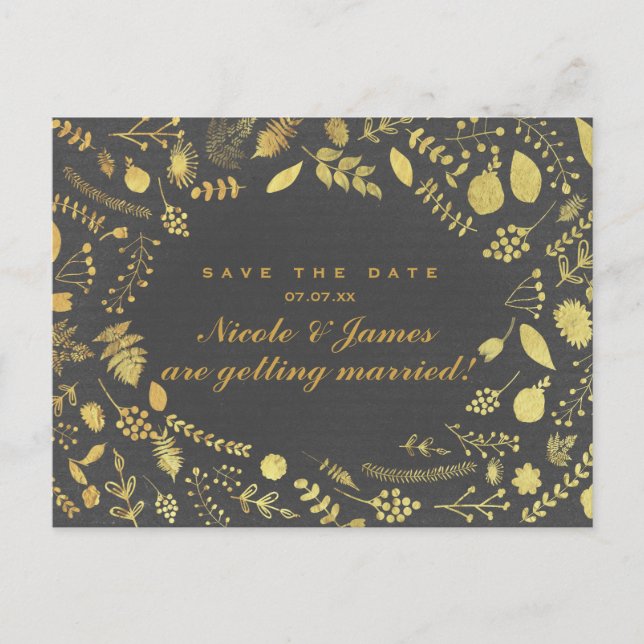 Kolgrå & Guld Blommig Save The Date Postkort Meddelande Vykort (Framsida)