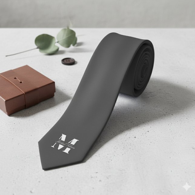 Kolgrå | Skräddarsydd Monogram Bröllop Trosa Herre Slips (Charcoal Gray | Custom Monogram Wedding Groomsmen Neck Tie)