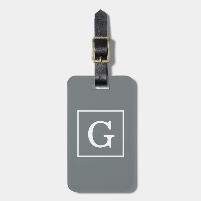 Kolgrå Vit Infattad Initial Monogram Bagagebricka (Vertikal Framsida)