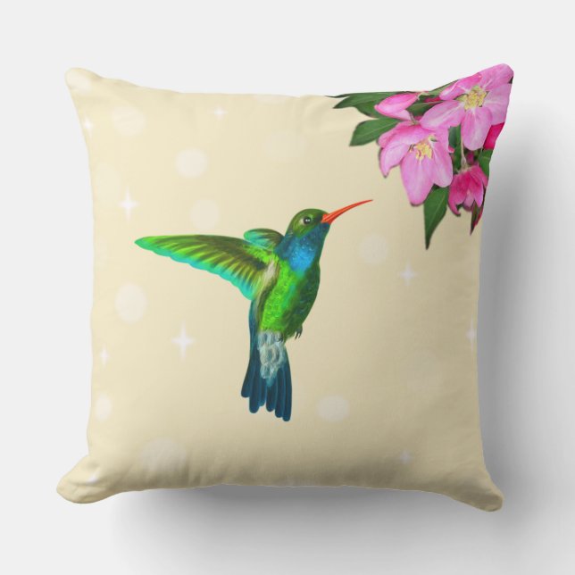Kolibri & Äppelblommor på Ljusbeige Kudde (Framsida)
