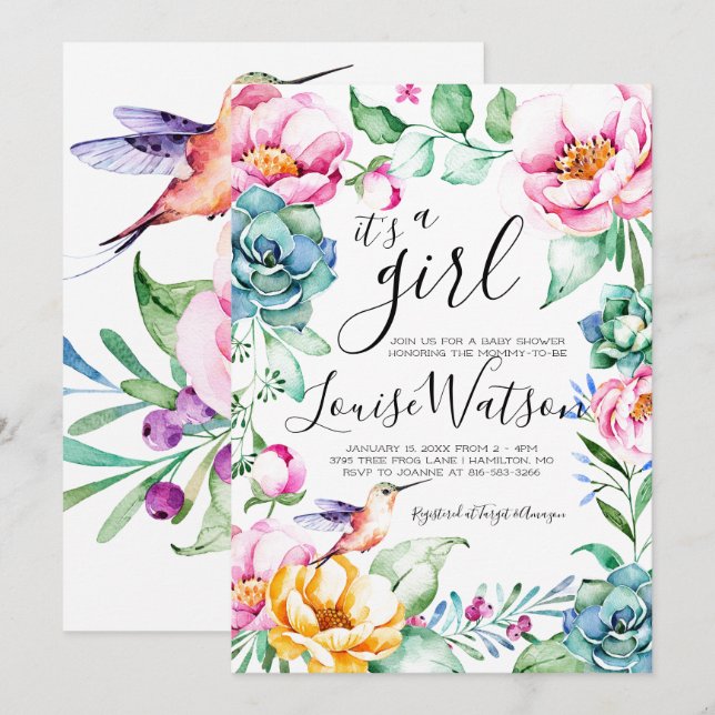 Kolibri Blommig Baby Shower Inbjudan (Fram/baksida)