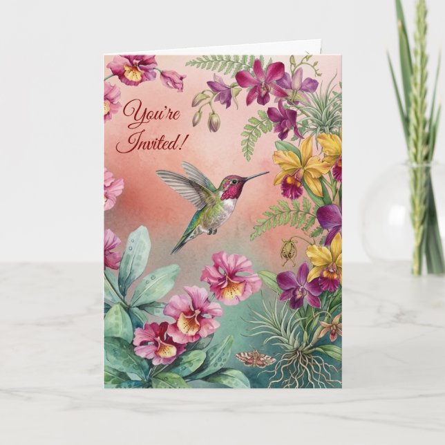 Kolibri Blommig Födelsedagsfest Inbjudan (Framsida)