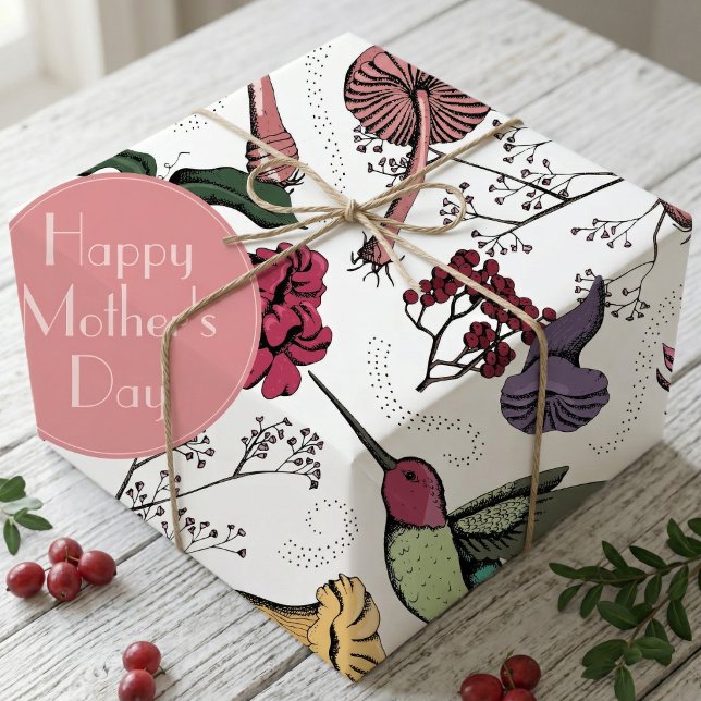 Kolibri Blommig Glad mors dag Presentpapper (Pretty and Colorful hand drawn hummingbird, bignonia flower, and mushroom botanical spring garden)