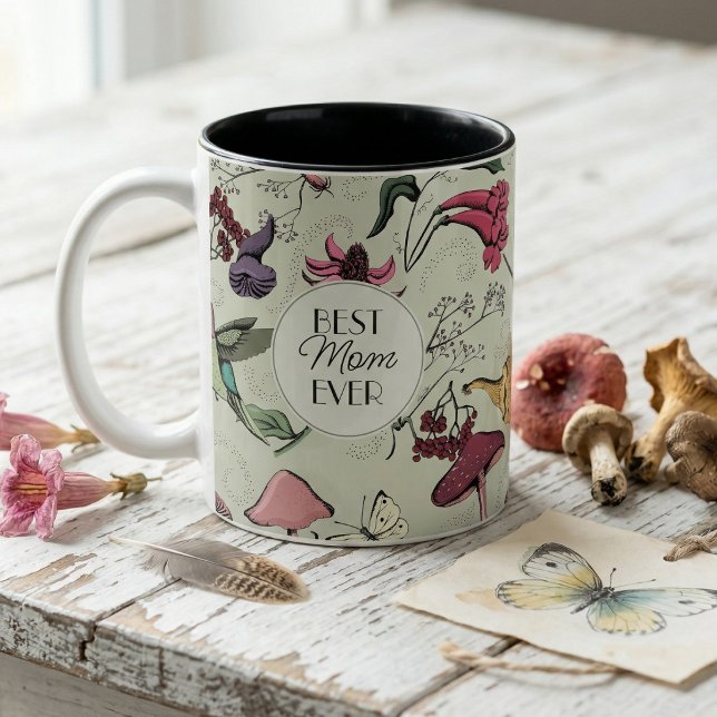 Kolibri Blommig Världens Bästa Mamma Två-Tonad Mugg (Vintage Botanical Best Mom Ever Hummingbird Floral Pattern with Colibri, Wildflowers and Mushrooms)