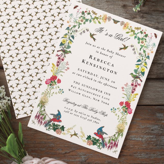 Kolibri Blommig Vintage Bebis-fest Inbjudningar (Vintage botanical garden baby shower invitation featuring flowers and birds)